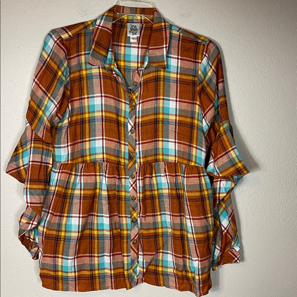 Ivy Jane Flannel Shirt Button Down Soft Like NEW Large Open Slit Ruffle Sleeve